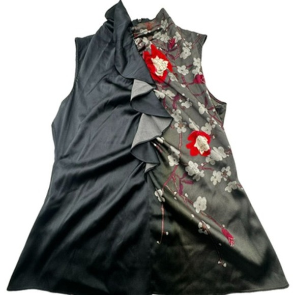 Elie Tahari Tops - ELIE TAHARI Women's Medium Silk Black Floral Ruffle Bib‎ Sleeveless Top Blouse